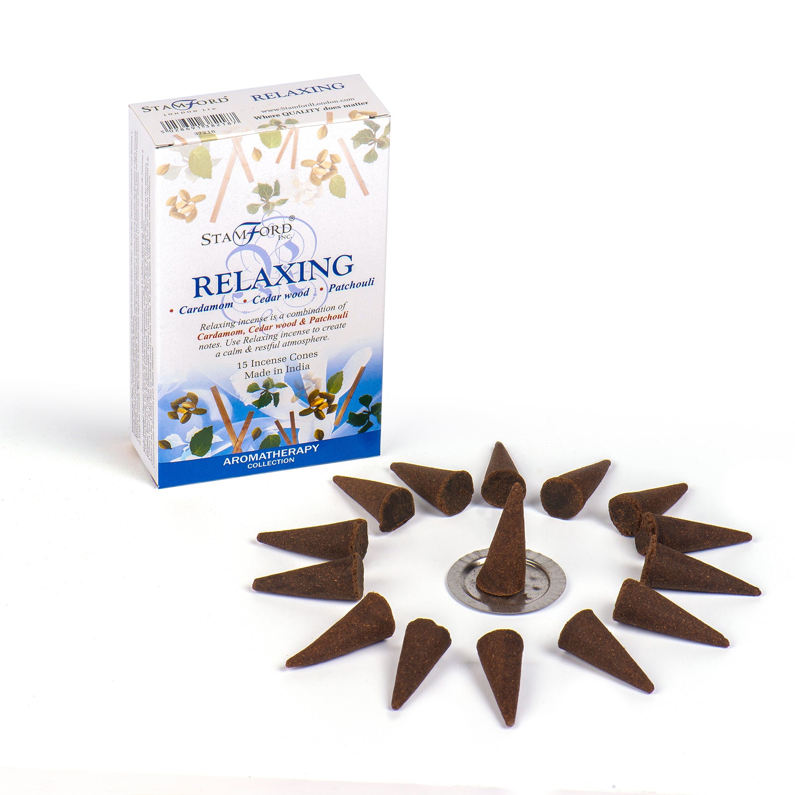 Box of Stamford Premium Relaxing incense cones with cardamom, cedarwood, and patchouli. Includes 15 cones and a metal burner plate.

