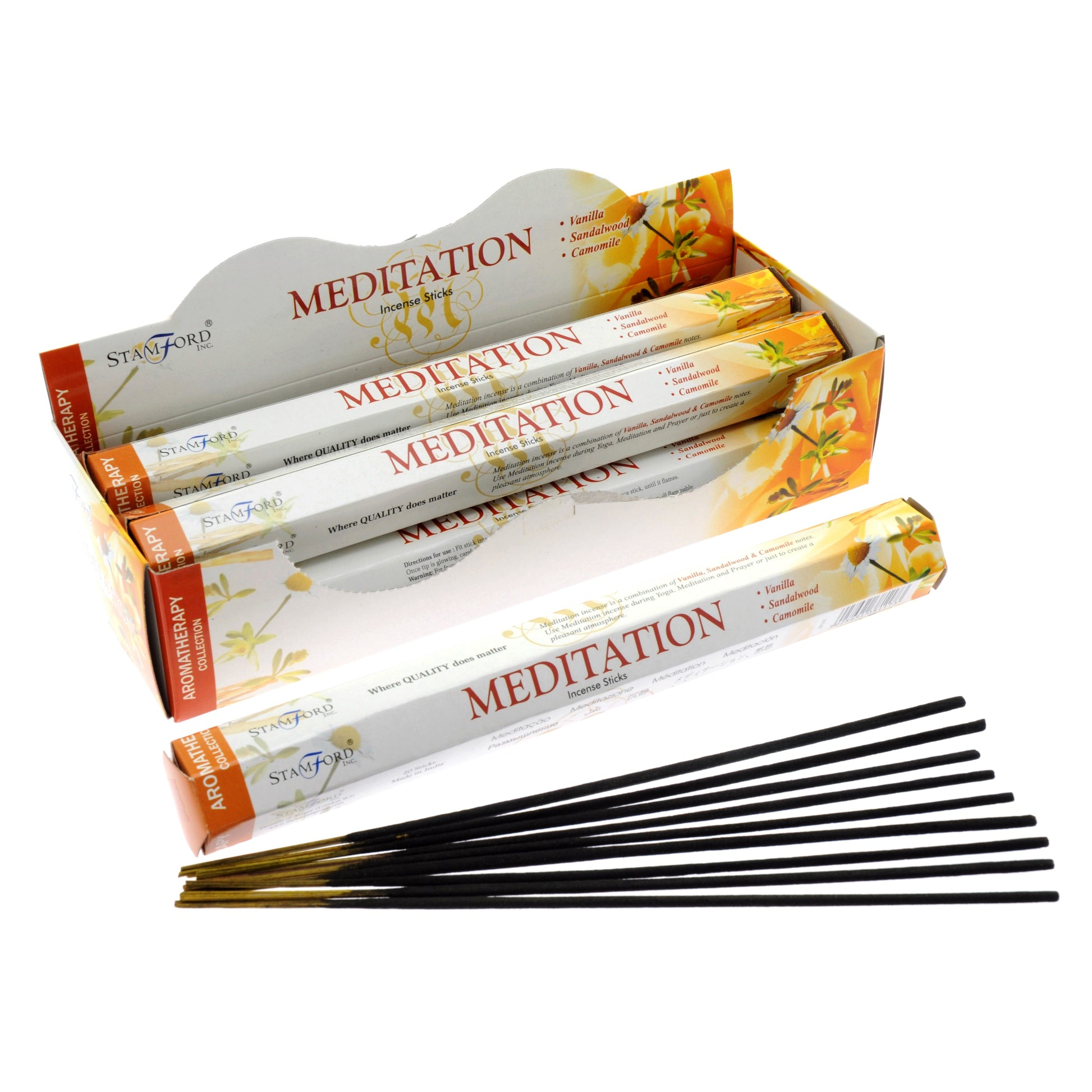 Stamford Premium Hex Incense Sticks – Meditation with vanilla, sandalwood, and camomile fragrance box and sticks


