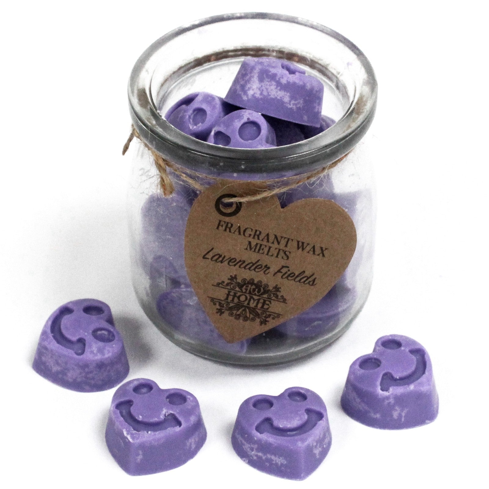 Lavender Fields soy wax melts – small hearts in reusable glass jar, approx. 16 melts

