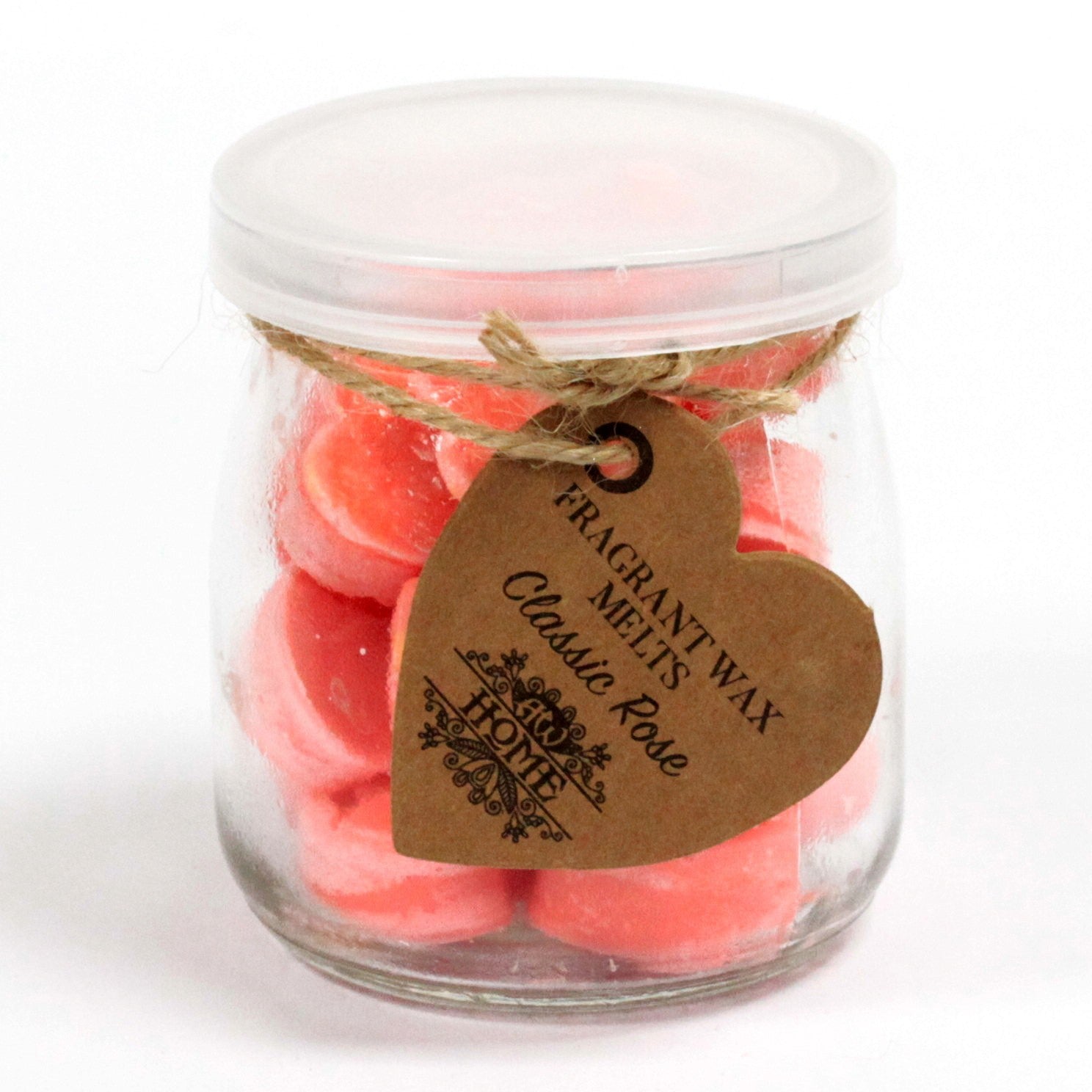 Classic Rose soy wax melts – small hearts in reusable glass jar, approx. 16 melts

