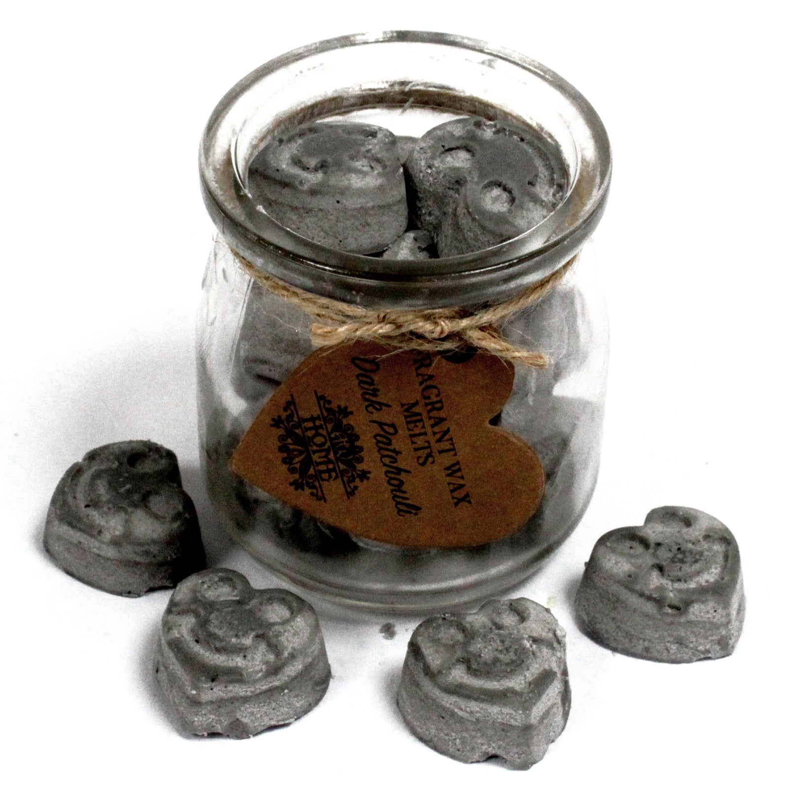 Dark Patchouli soy wax melts – small hearts in reusable glass jar, approx. 16 melts

