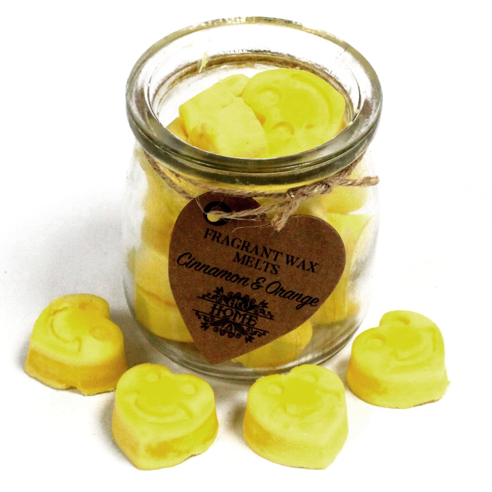 Cinnamon & Orange soy wax melts – small hearts in reusable glass jar, approx. 16 melts

