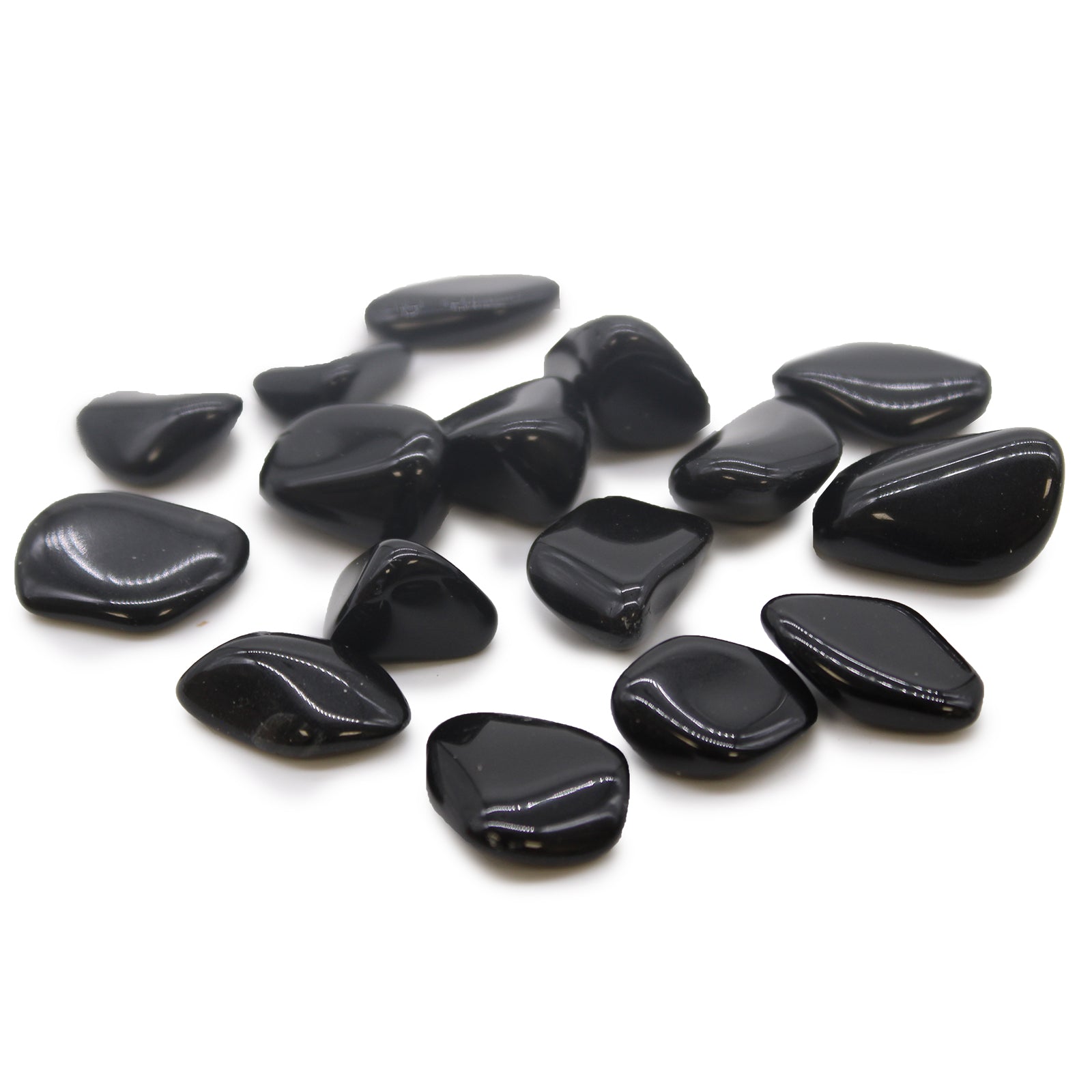 Polished black obsidian tumbled stone (10–25 mm), symbolising protection, grounding, and truth.

