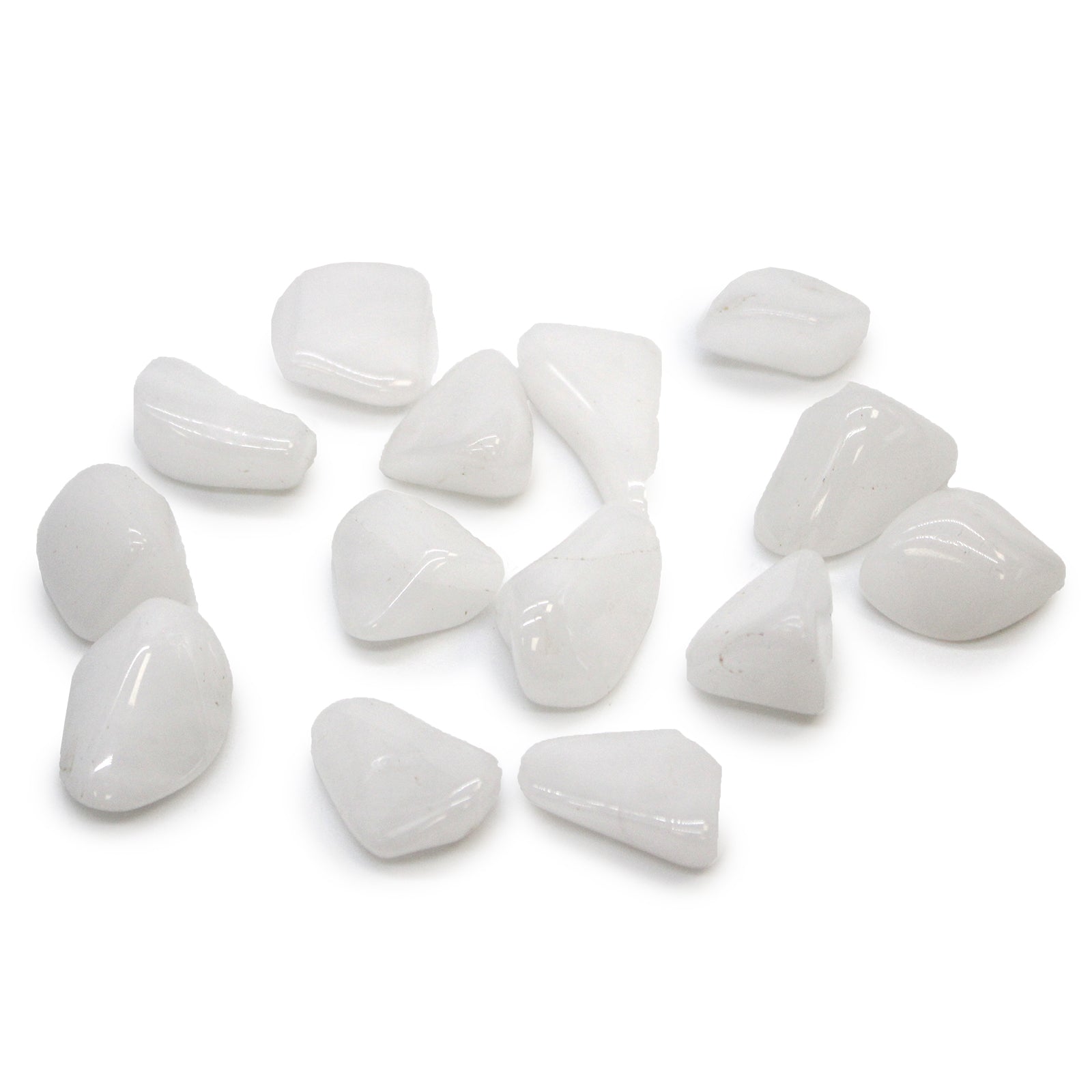 Polished Snow Quartz tumbled stones (10–25 mm), soft white and calming, symbolising purity, patience, and gentle mental clarity.

