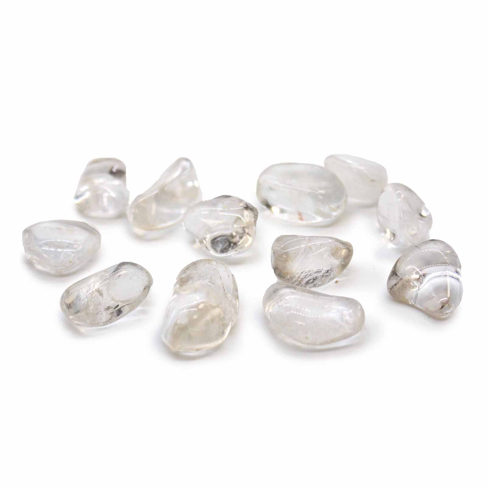 Clear Rock Crystal (Quartz) tumbled stones (10–25 mm), polished and transparent, symbolising clarity, healing, and energy amplification.

