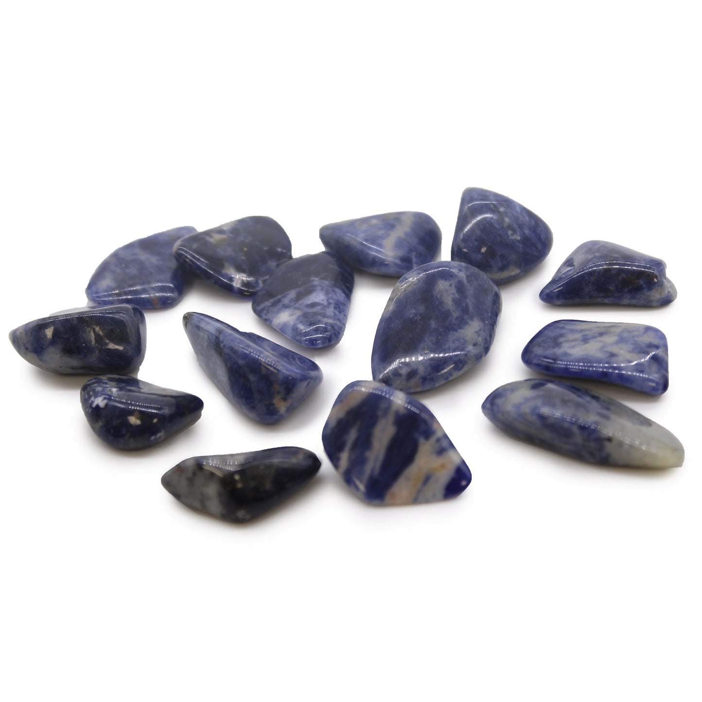 Polished Sodalite tumbled stones (10–25 mm), deep blue with white veining, symbolising truth, intuition, and mental clarity. Sold in a 24-piece bag.

