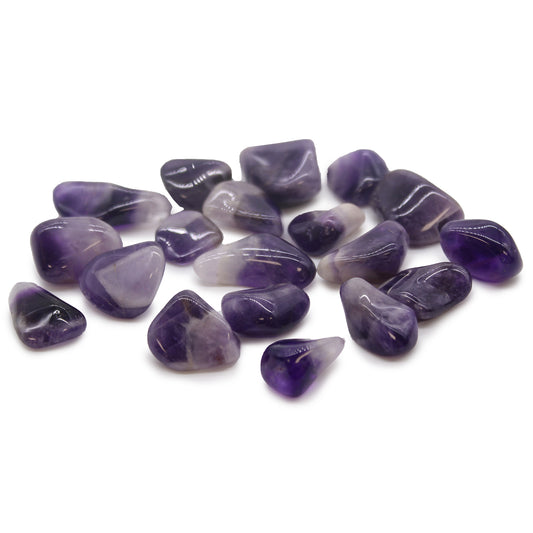 Grade A Amethyst Banded tumbled stones (10–25 mm), polished with natural banding for serenity and spiritual clarity. Sold in a 24-piece bag.

