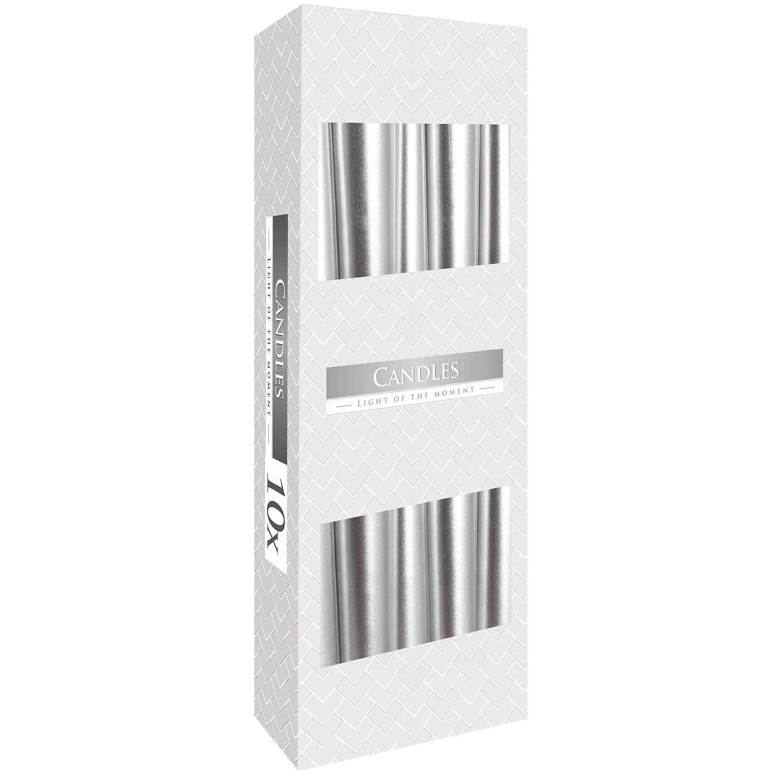 Silver metallic taper candles – box of 10

