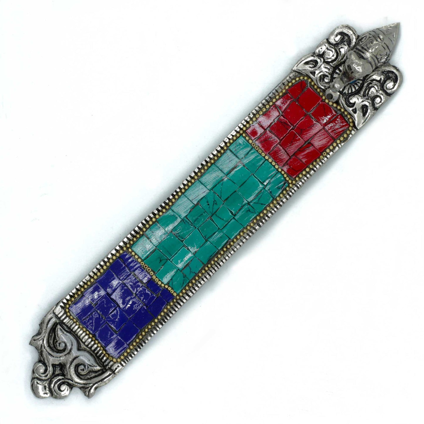 Tibetan-style incense holder with mosaic inlay and elephant figurine, designed for stick incense and spiritual home décor.

