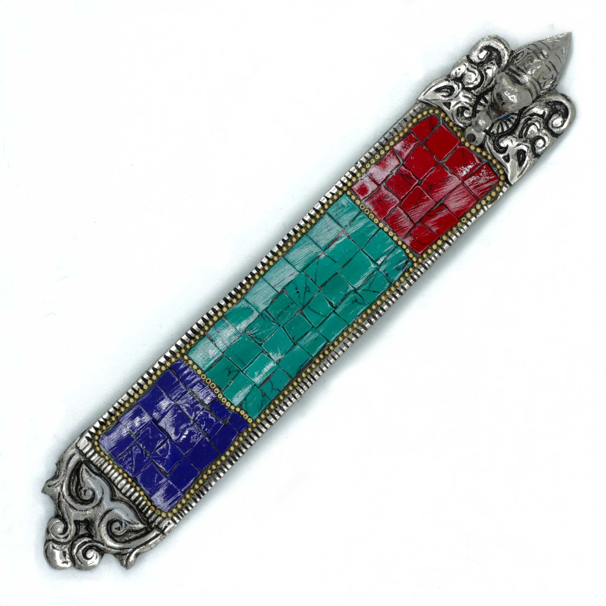 Tibetan-style incense holder with mosaic inlay and elephant figurine, designed for stick incense and spiritual home décor.

