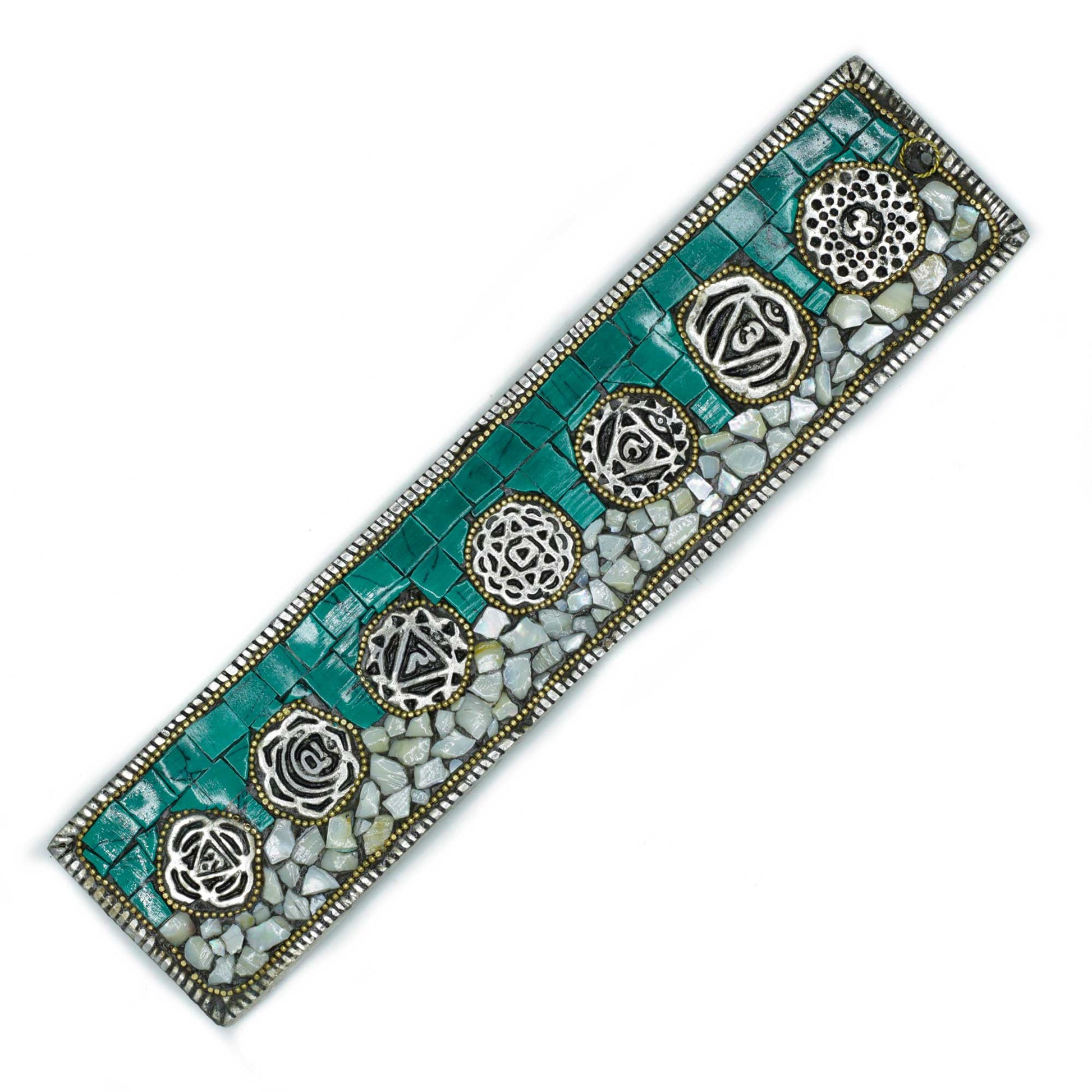 Seven Chakra Tibetan incense holder with vibrant ceramic tile mosaic and chakra symbols, handcrafted for spiritual décor and wellness.

