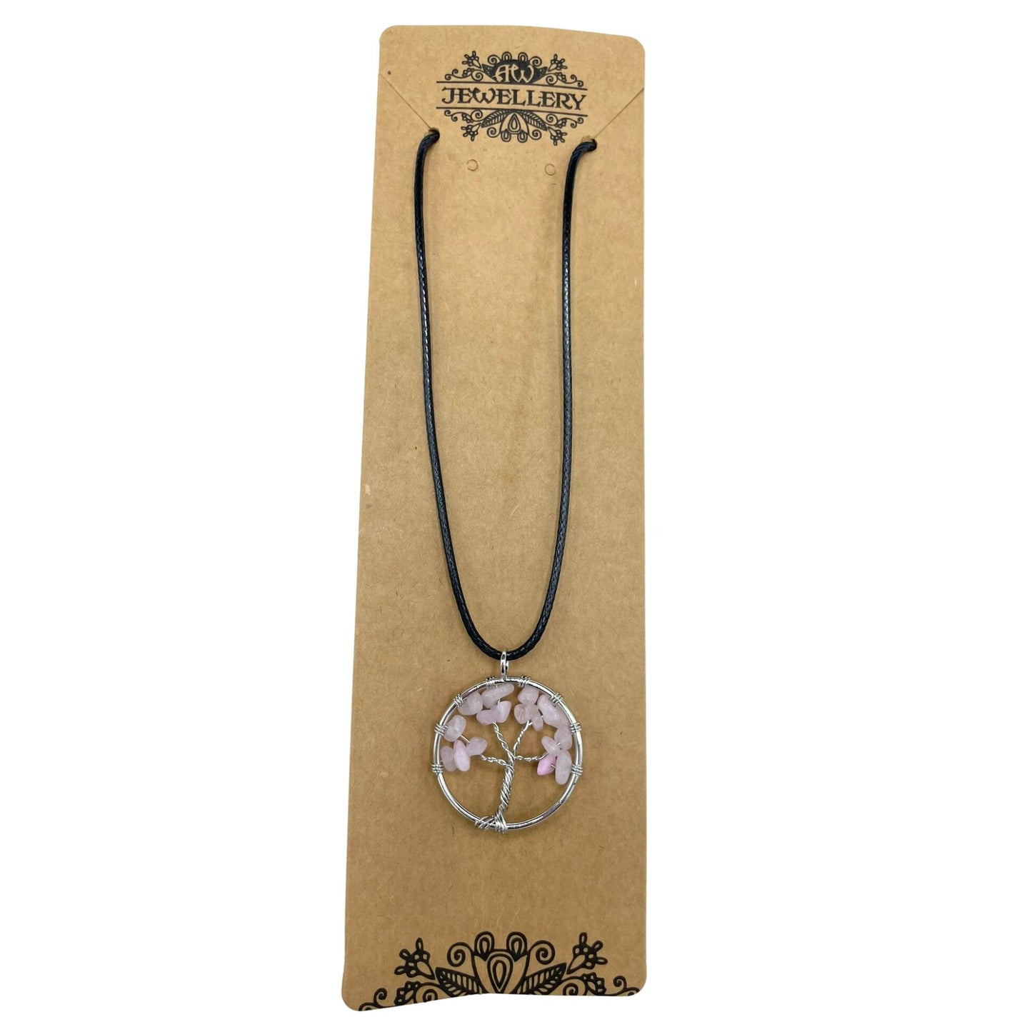 "Tree of Life Pendant with soft pink Rose Quartz gemstone, delicately wire-wrapped in silver and suspended on a black cord necklace."

