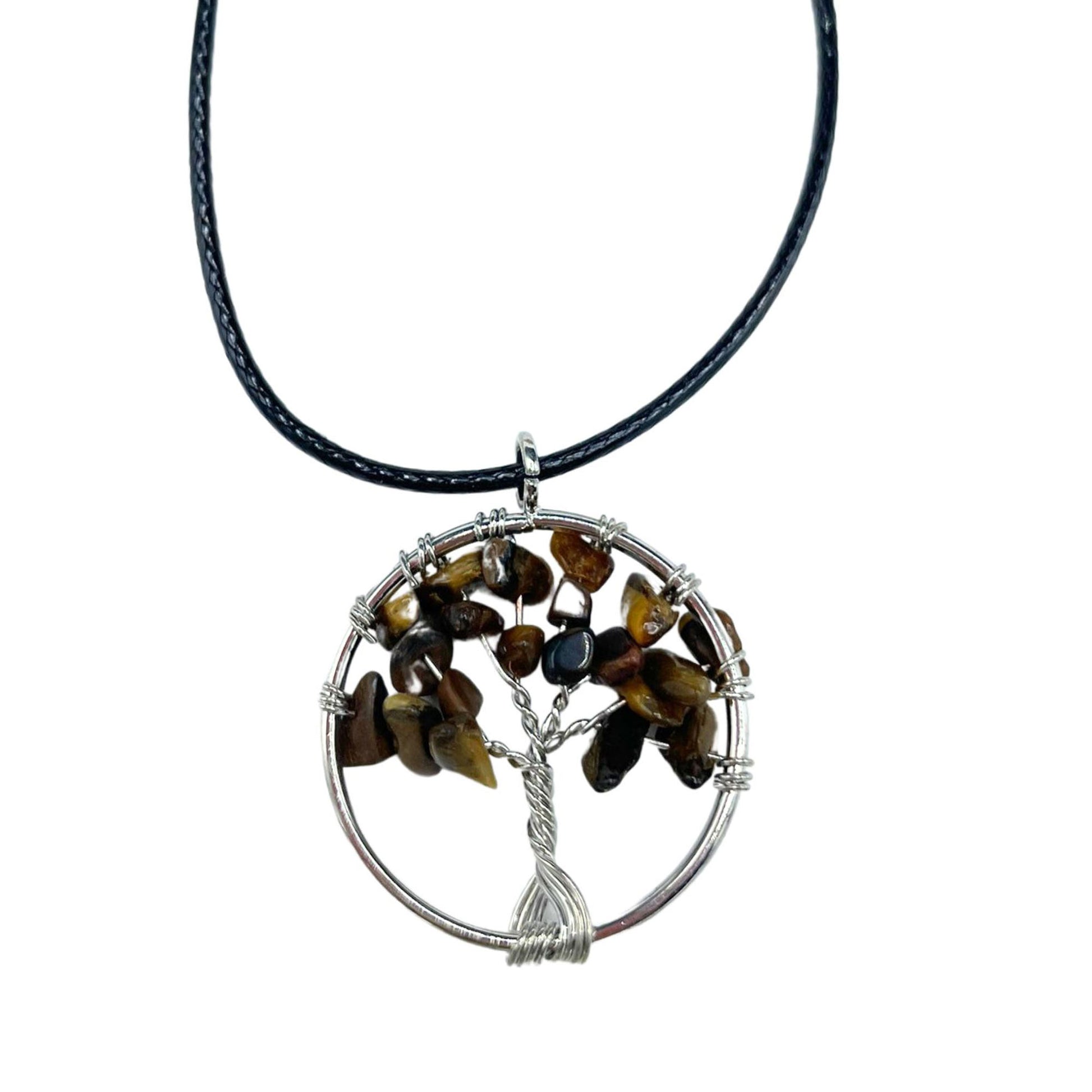 "Tree of Life Pendant featuring a golden-brown Tiger’s Eye gemstone, delicately wire-wrapped in silver, hanging on a black cord necklace."

