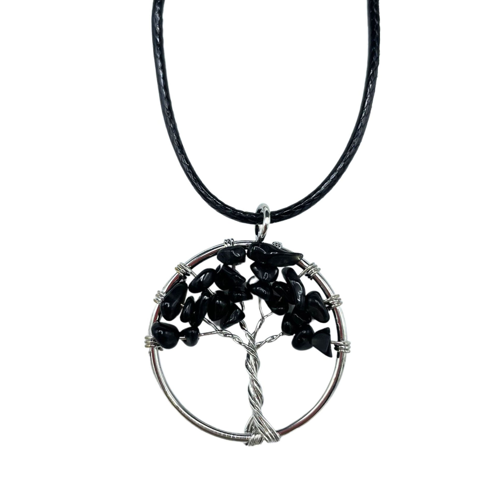 "Tree of Life pendant with black agate gemstone, silver wire-wrapped branches on a black cord necklace."

