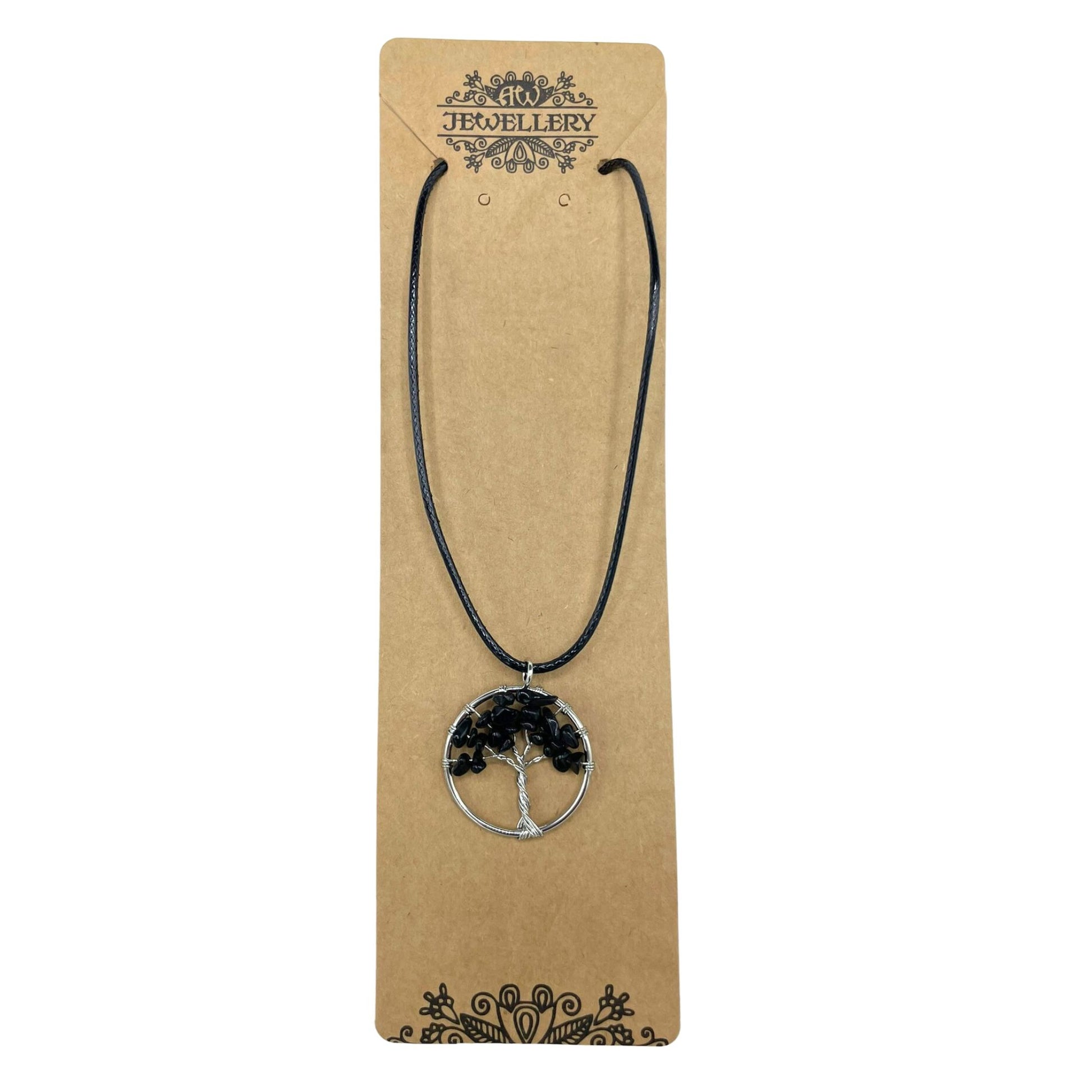 "Tree of Life pendant with black agate gemstone, silver wire-wrapped branches on a black cord necklace."

