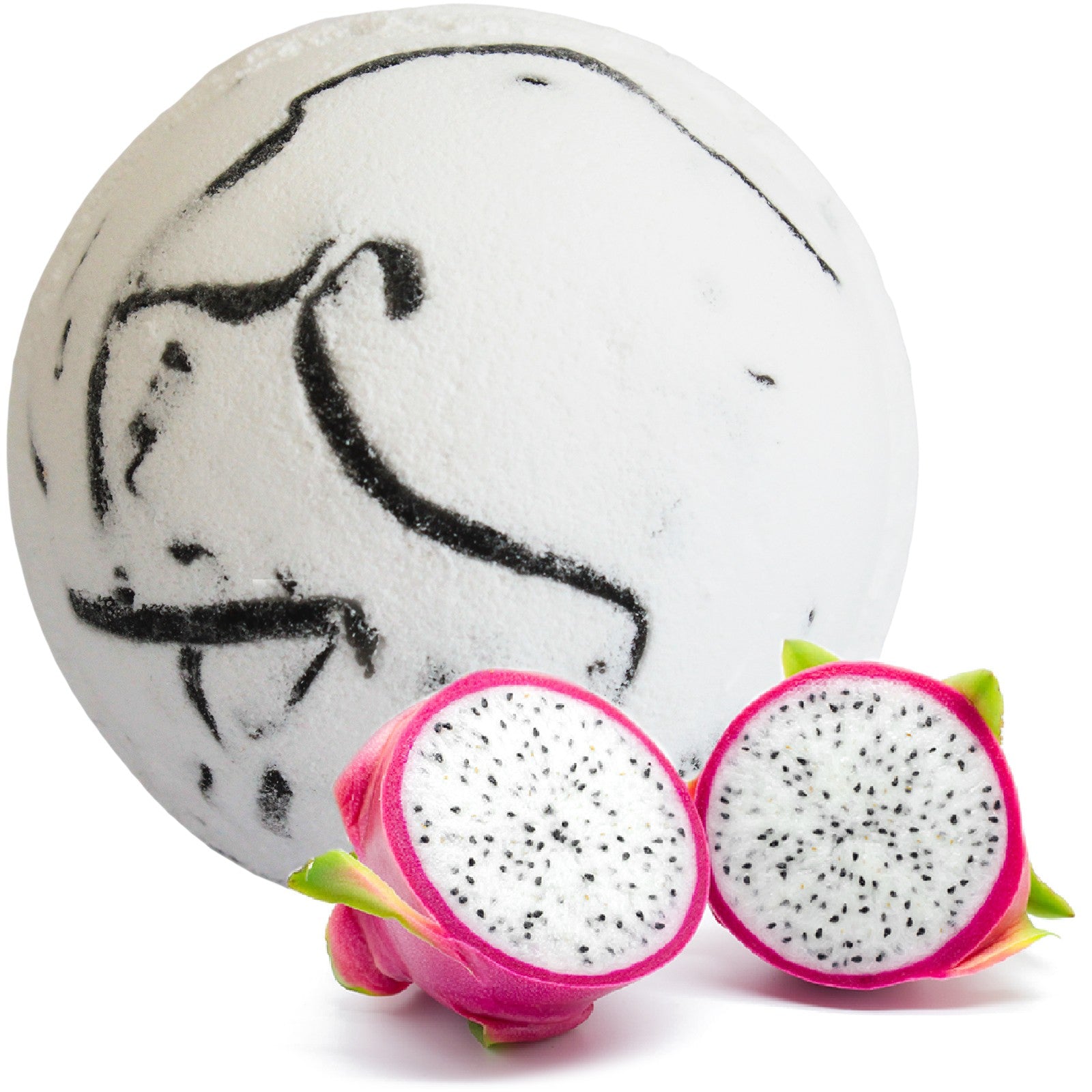 Tropical Paradise bath bomb with dragon fruit scent, coconut butter, and foaming soap peelings for an exotic soak.

