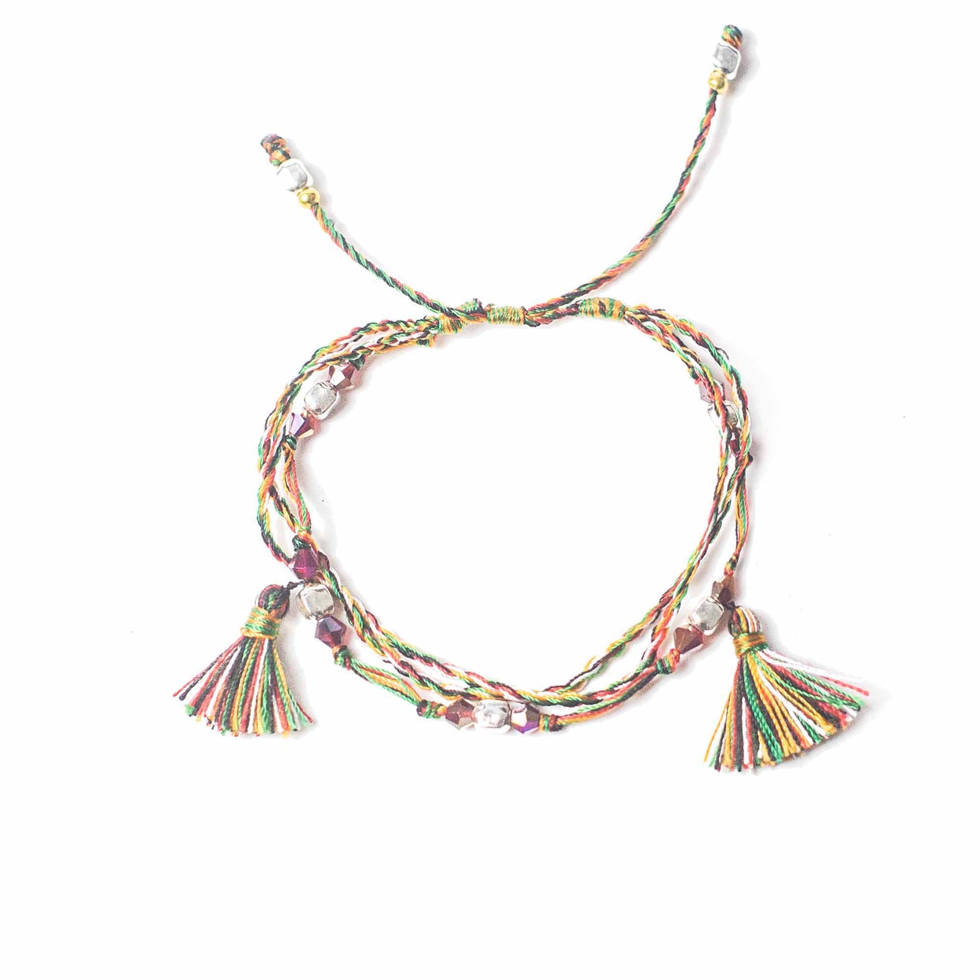 Temple String Bracelet with five coloured threads and silver beads symbolising faith, balance, and the five beliefs of Panca Dathu.

