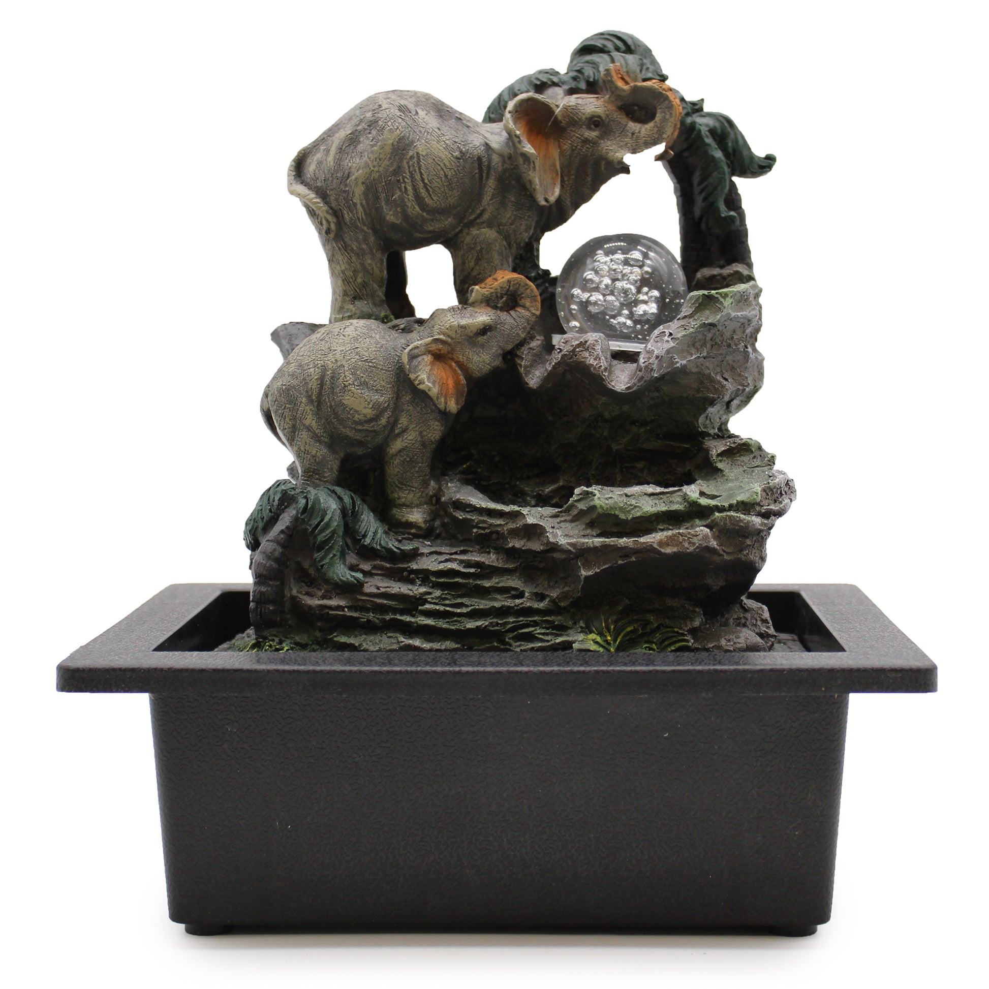 Tabletop Water Feature with parent and baby elephants, LED orb and waterfall