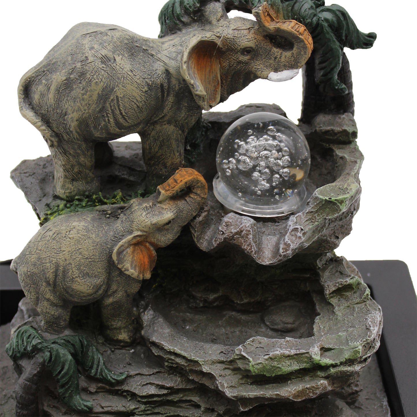 Tabletop Water Feature with parent and baby elephants, LED orb and waterfall