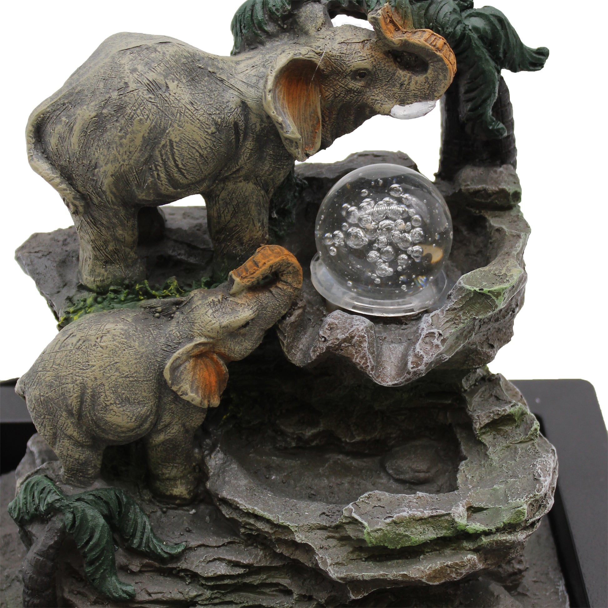 Tabletop Water Feature with parent and baby elephants, LED orb and waterfall