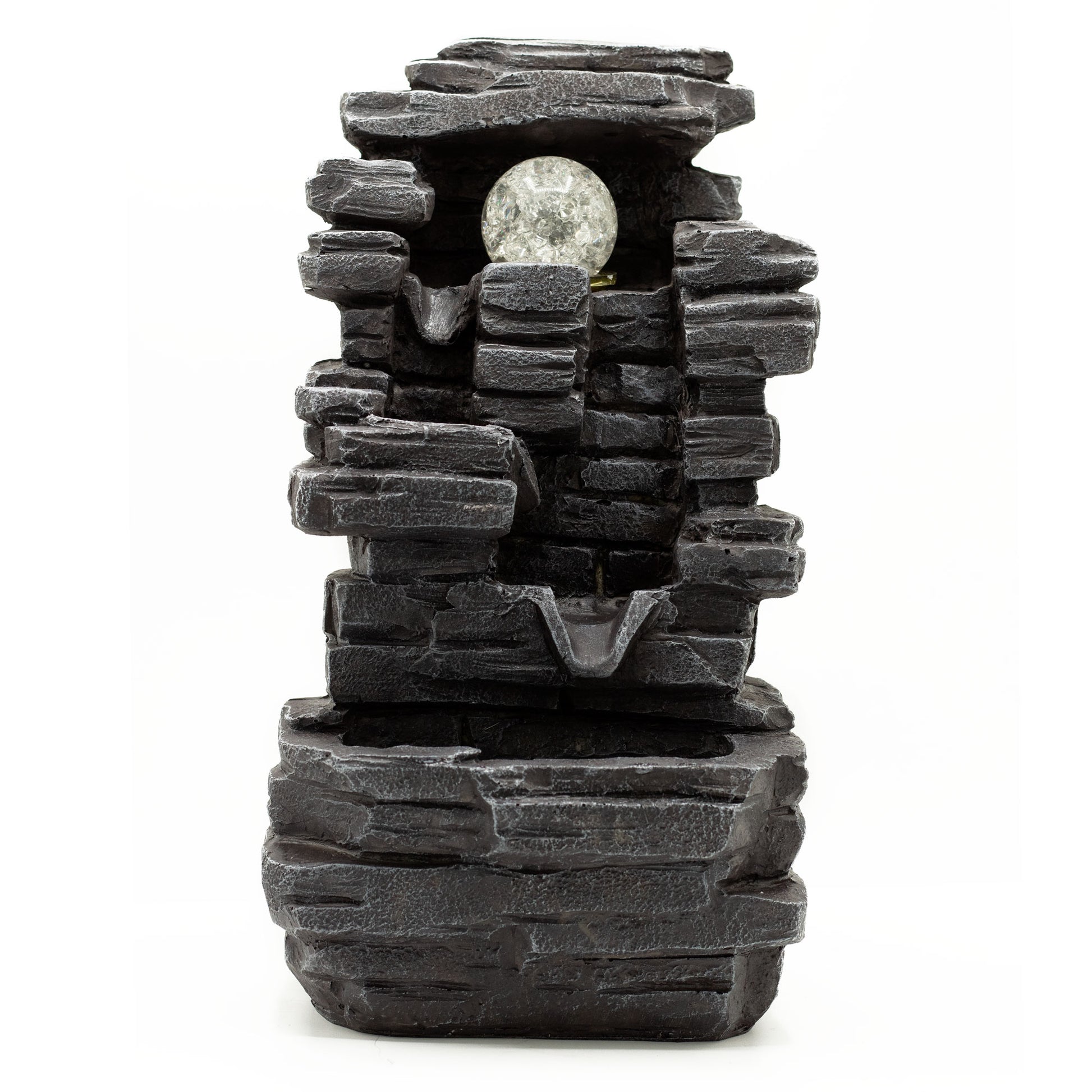 Tabletop Water Feature with stacked rock formation and rotating crystal-effect orb