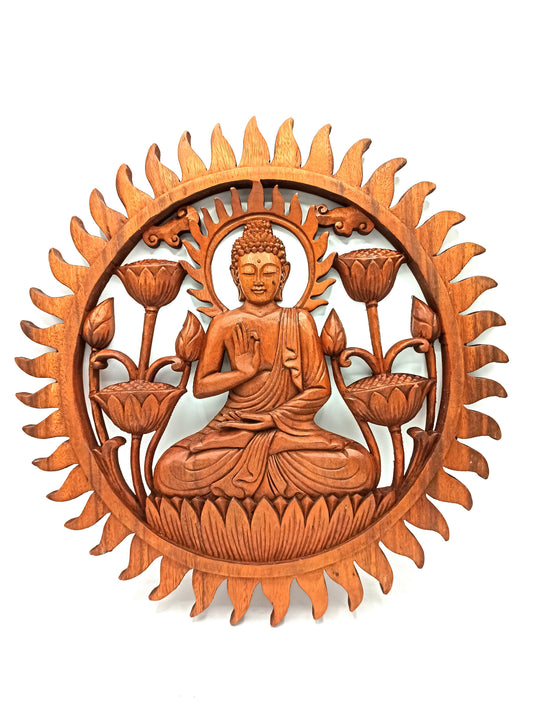 Hand-carved Suar wood Buddha & Lotus wall panel with sunburst frame (40cm)