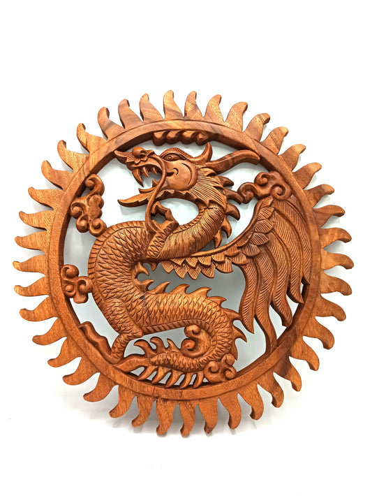 Hand-carved Suar wood Dragon wall panel with sunburst frame (40cm)