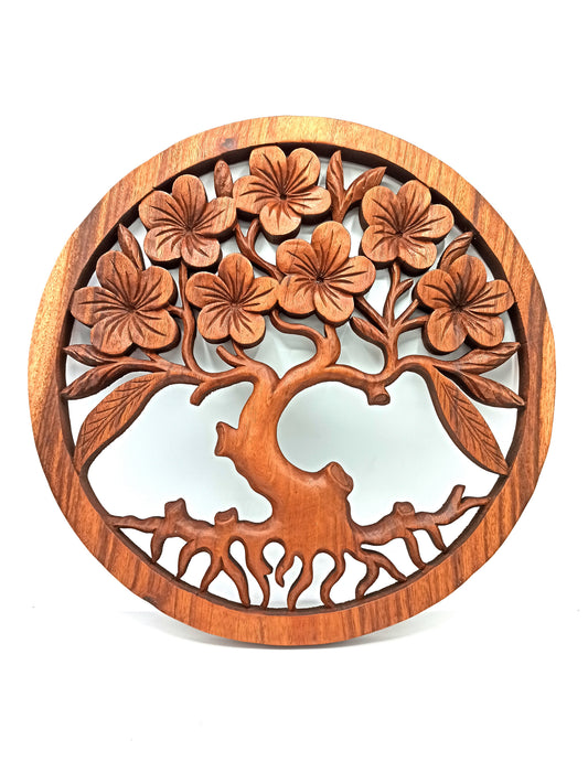 Tree of Life with Frangipani flowers hand-carved into Suar wood wall panel (40cm)