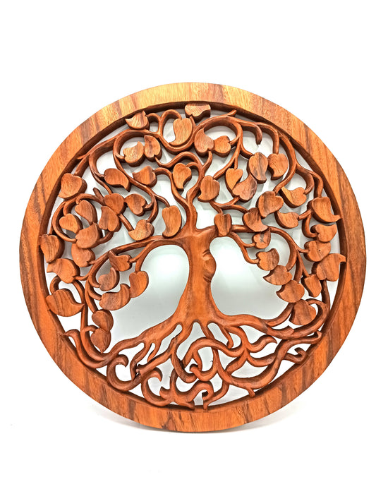 Tree of Life Love panel hand-carved in Suar wood with heart-shaped leaves (40cm)