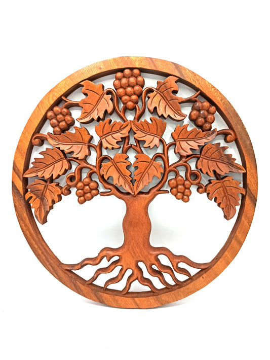 Tree of Life Grapes panel hand-carved in Suar wood (40cm) with vines and grape clusters

