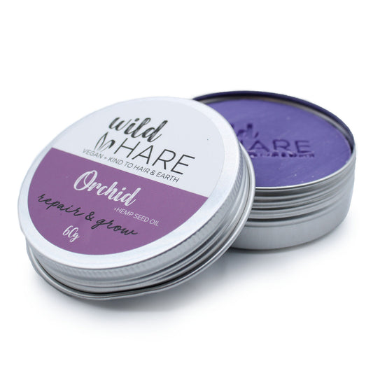 Plastic-free orchid shampoo bar with hemp oil for hair repair and growth, 60g solid shampoo in aluminium travel tin

