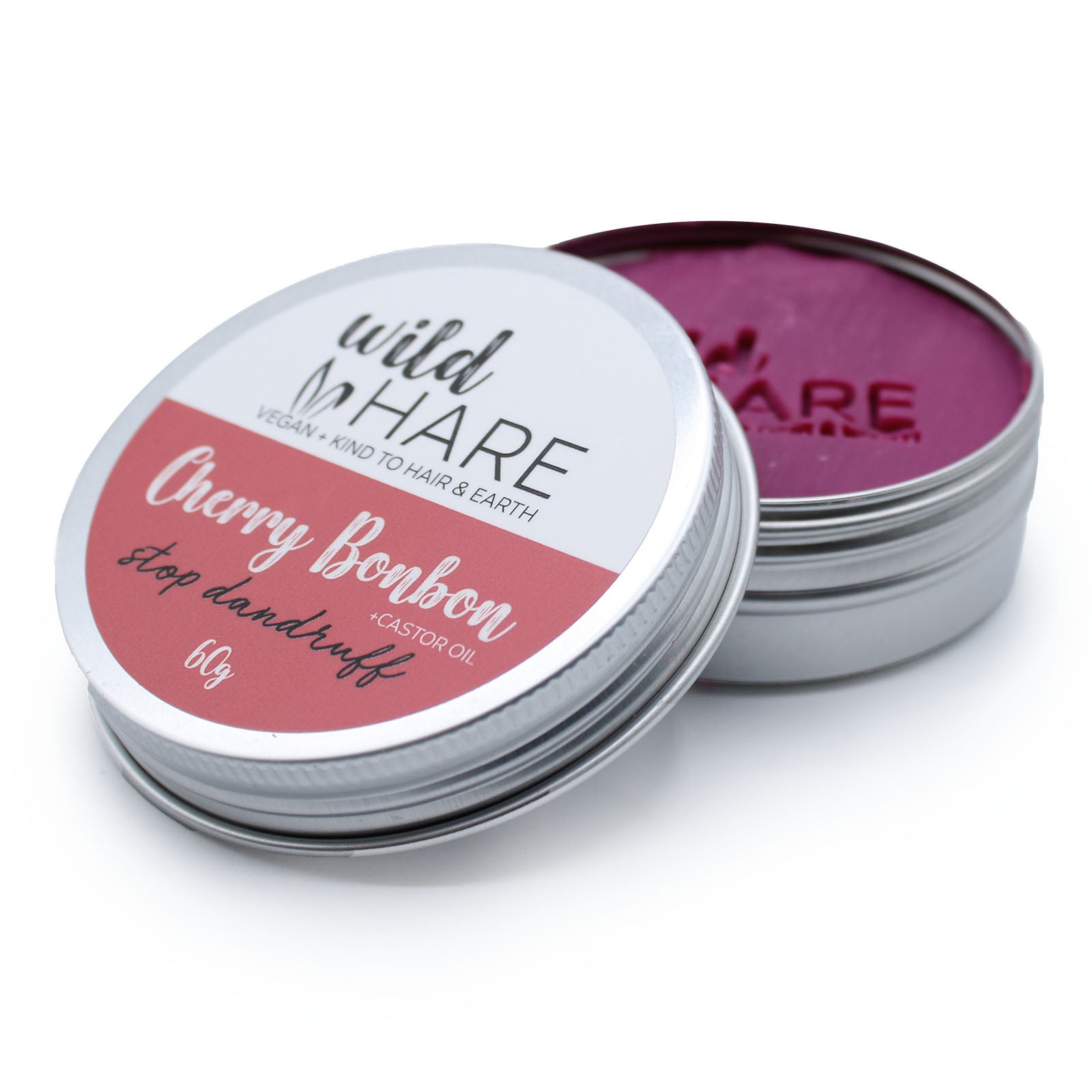 Anti-dandruff cherry-scented solid shampoo bar with castor oil, vegan and SLS-free, 60g tin for scalp care and flake control

