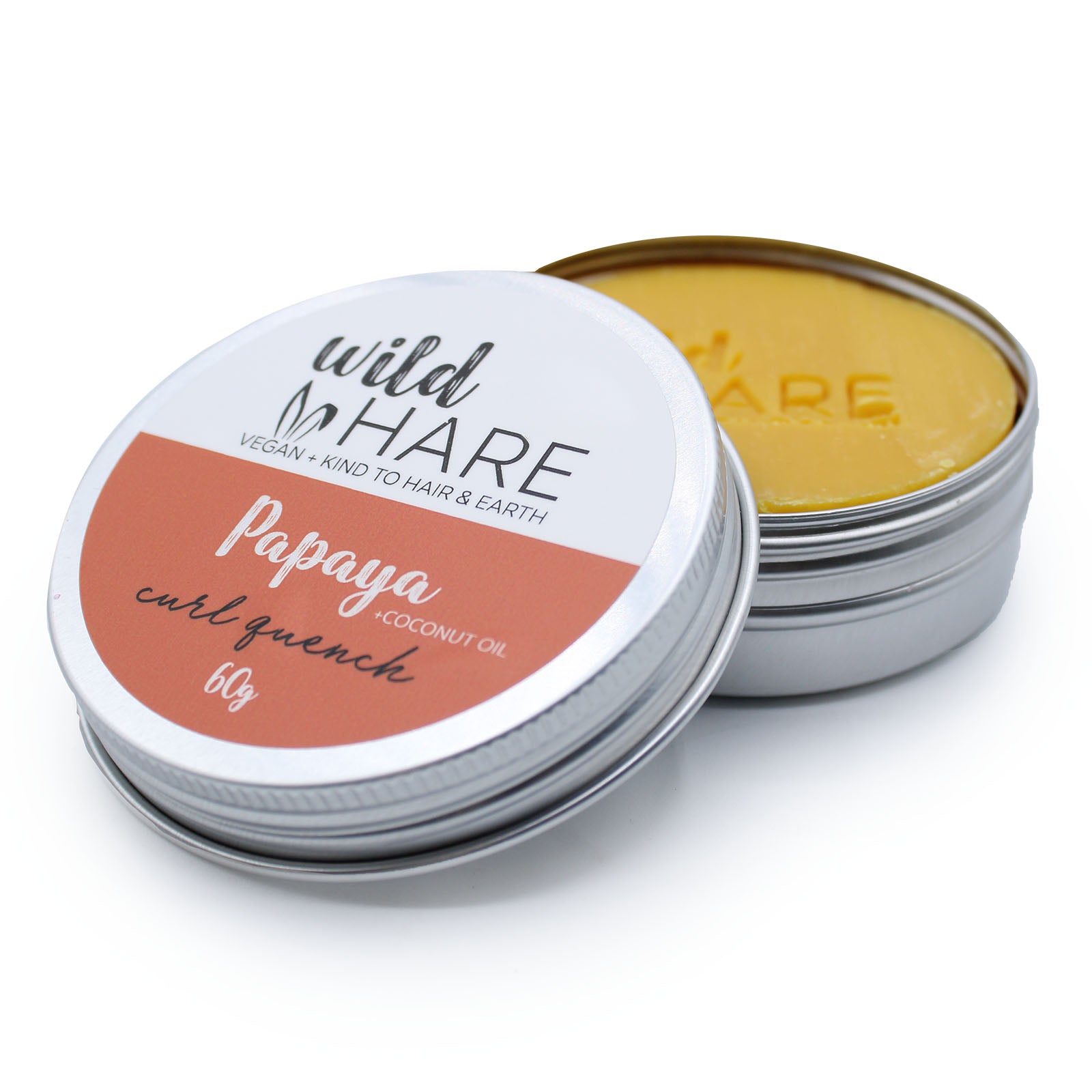 Solid shampoo bar for curly hair with papaya scent and coconut oil, vegan and SLS-free, in a 60g travel-friendly tin for curl hydration and frizz control

