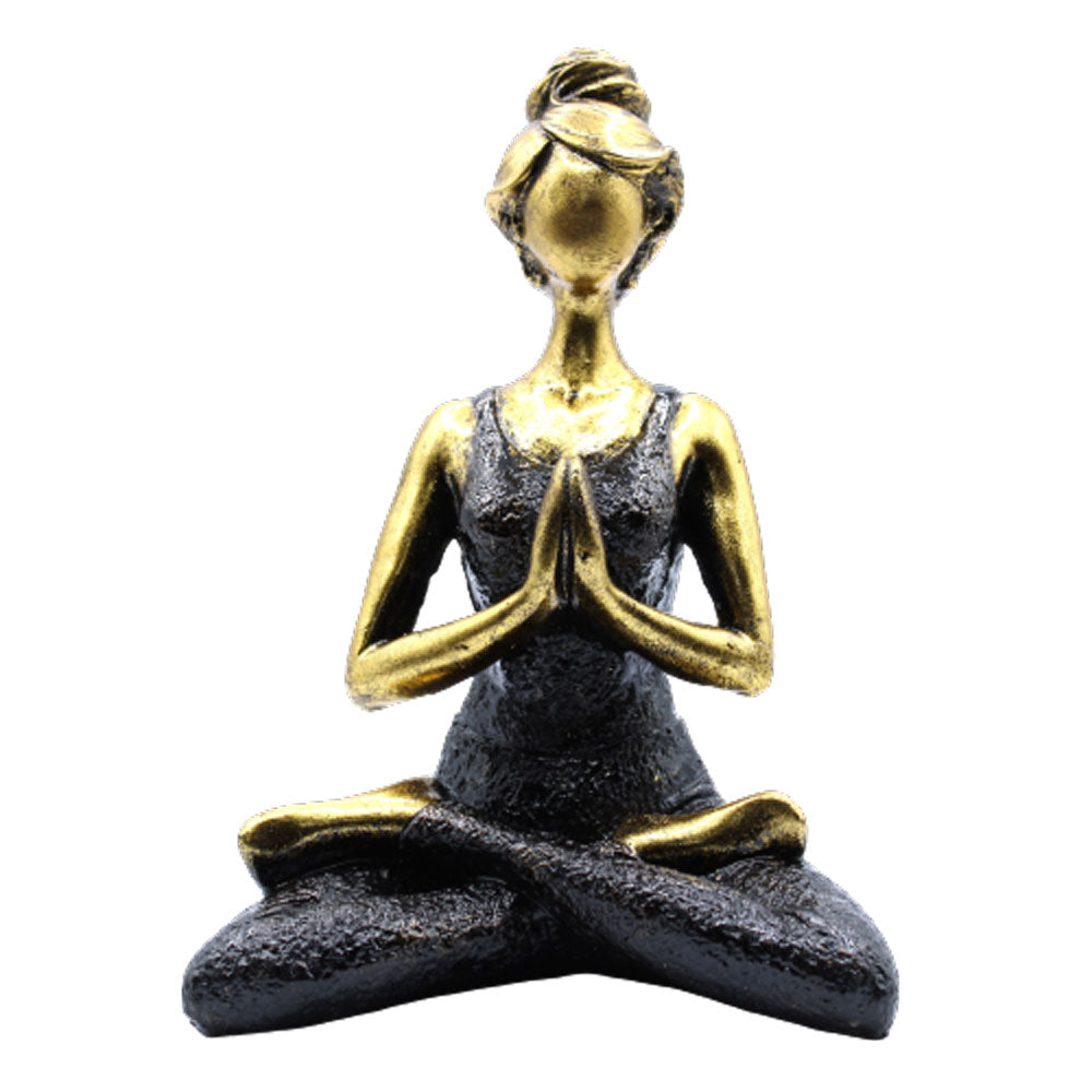 Hand-painted Yoga Lady statue in gold and black, seated in lotus pose with namaste hands
