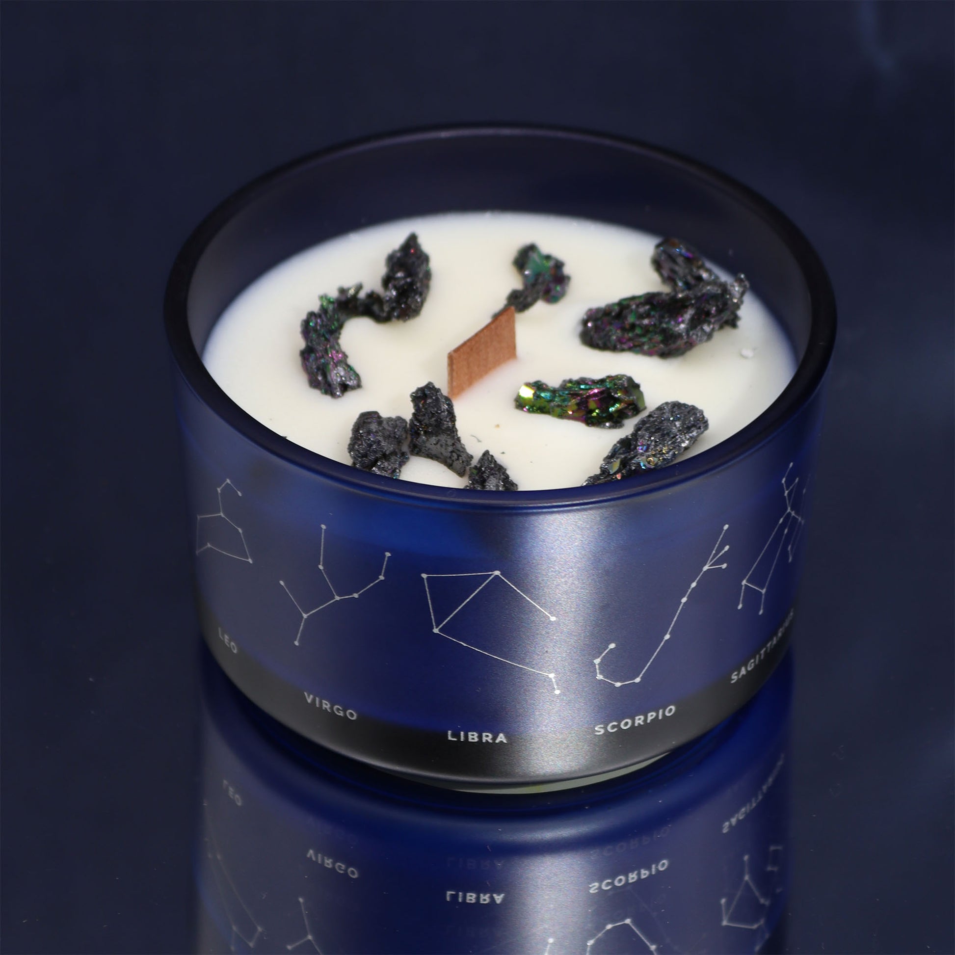 Aquarius Zodiac Crystal Candle with gemstone bracelet, midnight blue jar with constellation and crystals
