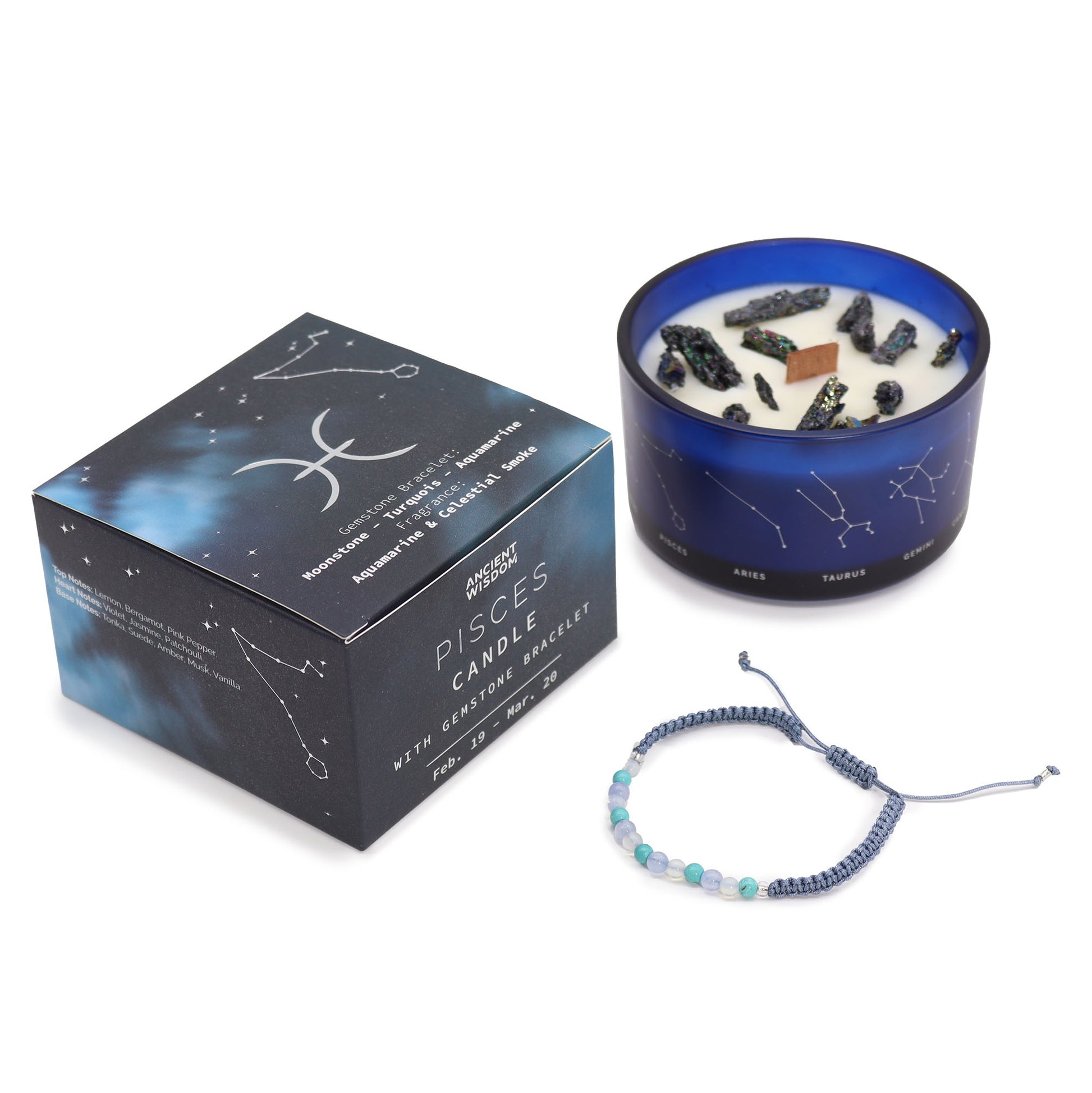 Pisces Zodiac Crystal Candle with gemstone bracelet, blue jar with constellation and pyrite crystals
