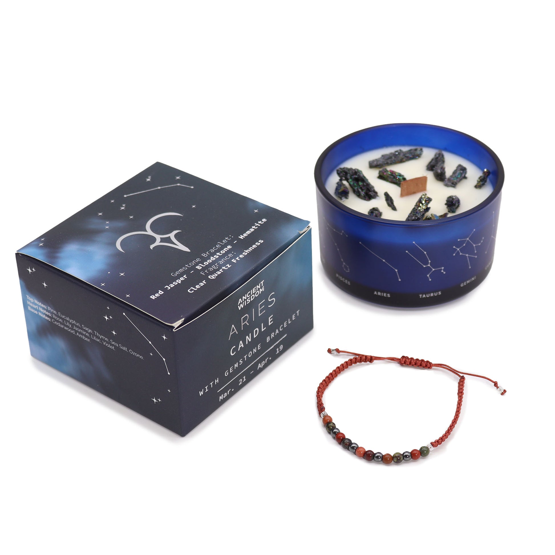 Aries Zodiac Crystal Candle with gemstone bracelet, midnight blue jar with constellation and energising crystals
