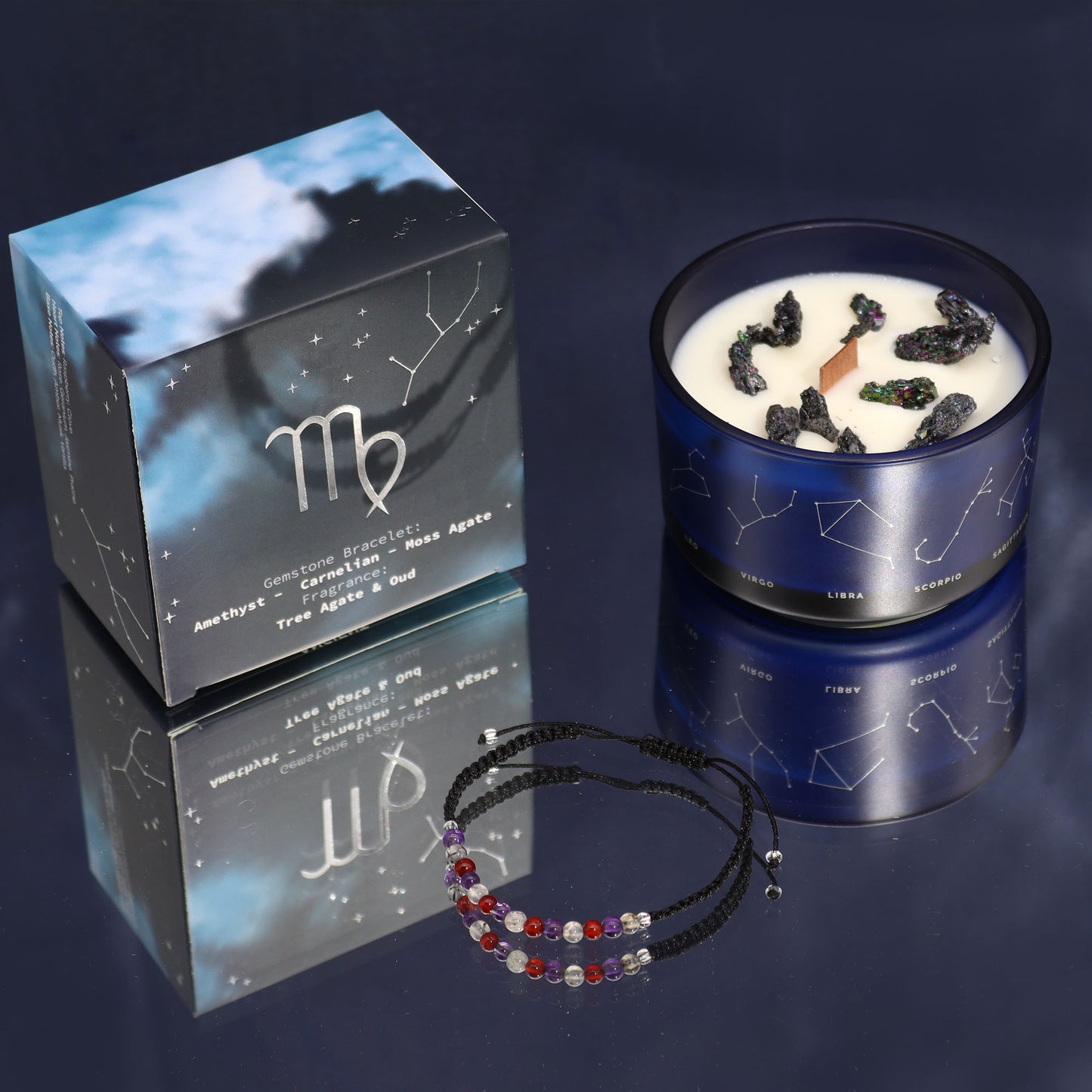 Virgo Zodiac Crystal Candle with gemstone bracelet, midnight blue jar with constellation and earthy crystal accents
