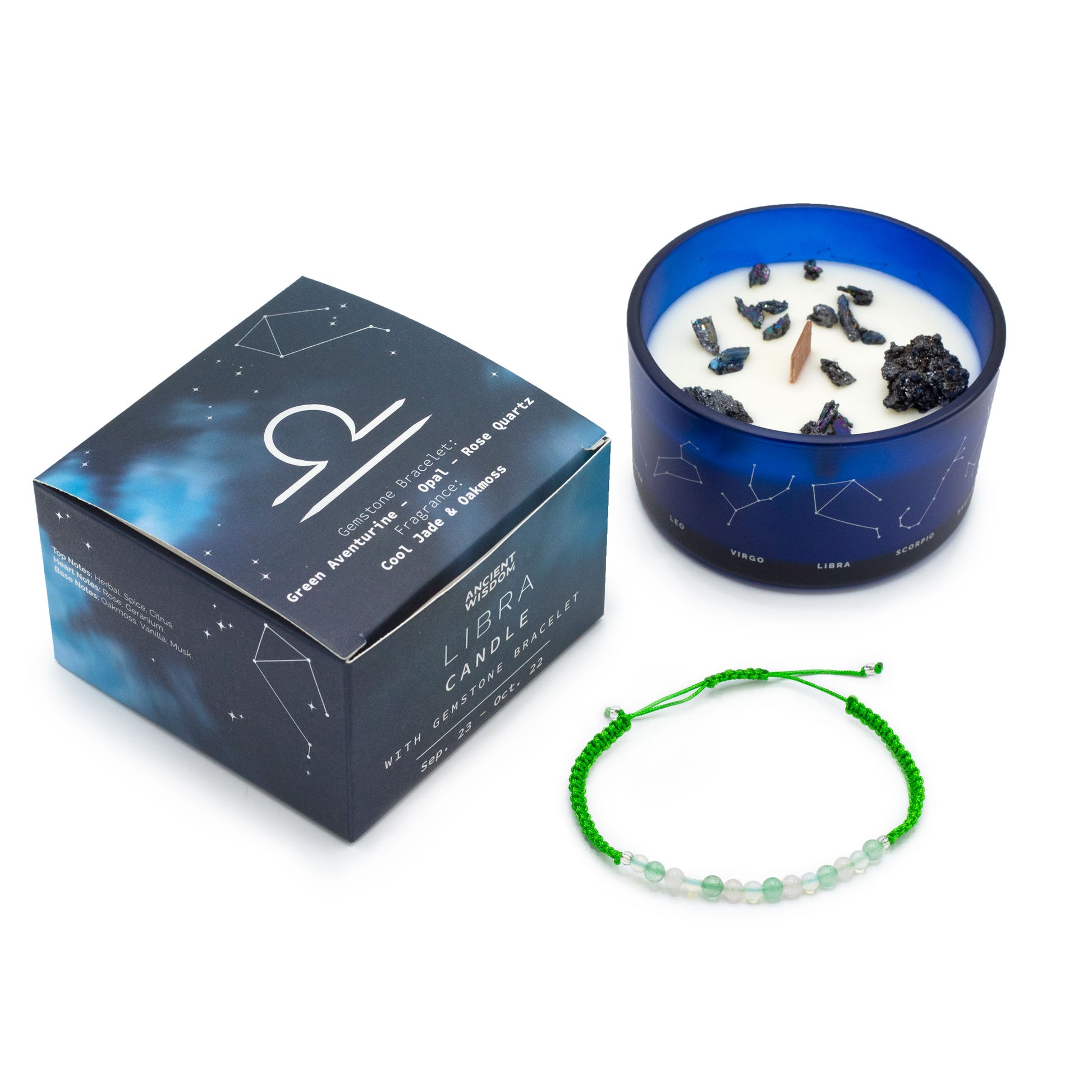 Libra Zodiac Crystal Candle with gemstone bracelet, midnight blue jar with constellation and harmony-inspiring crystals
