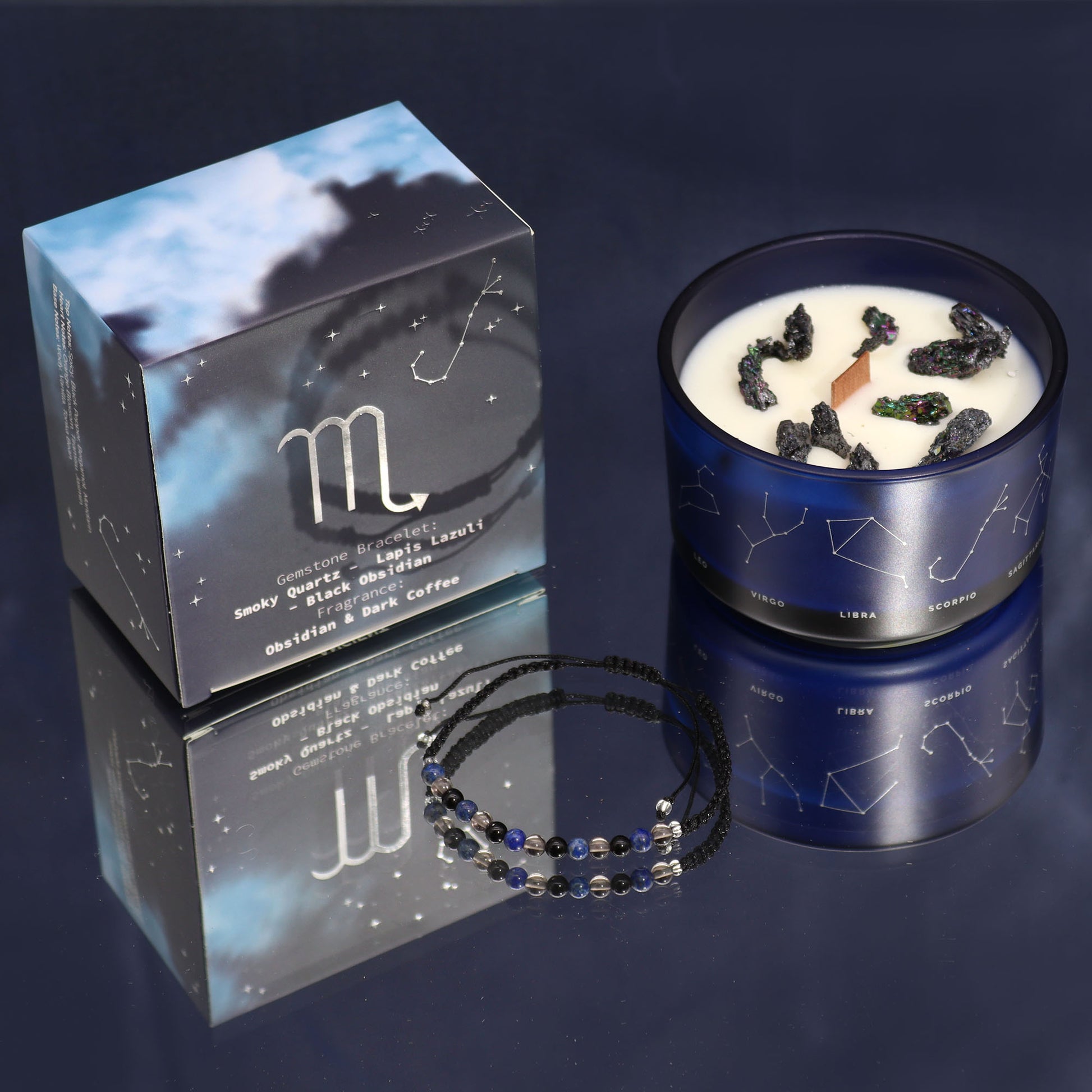 Scorpio Zodiac Crystal Candle with gemstone bracelet, midnight blue jar with constellation and powerful crystal energy
